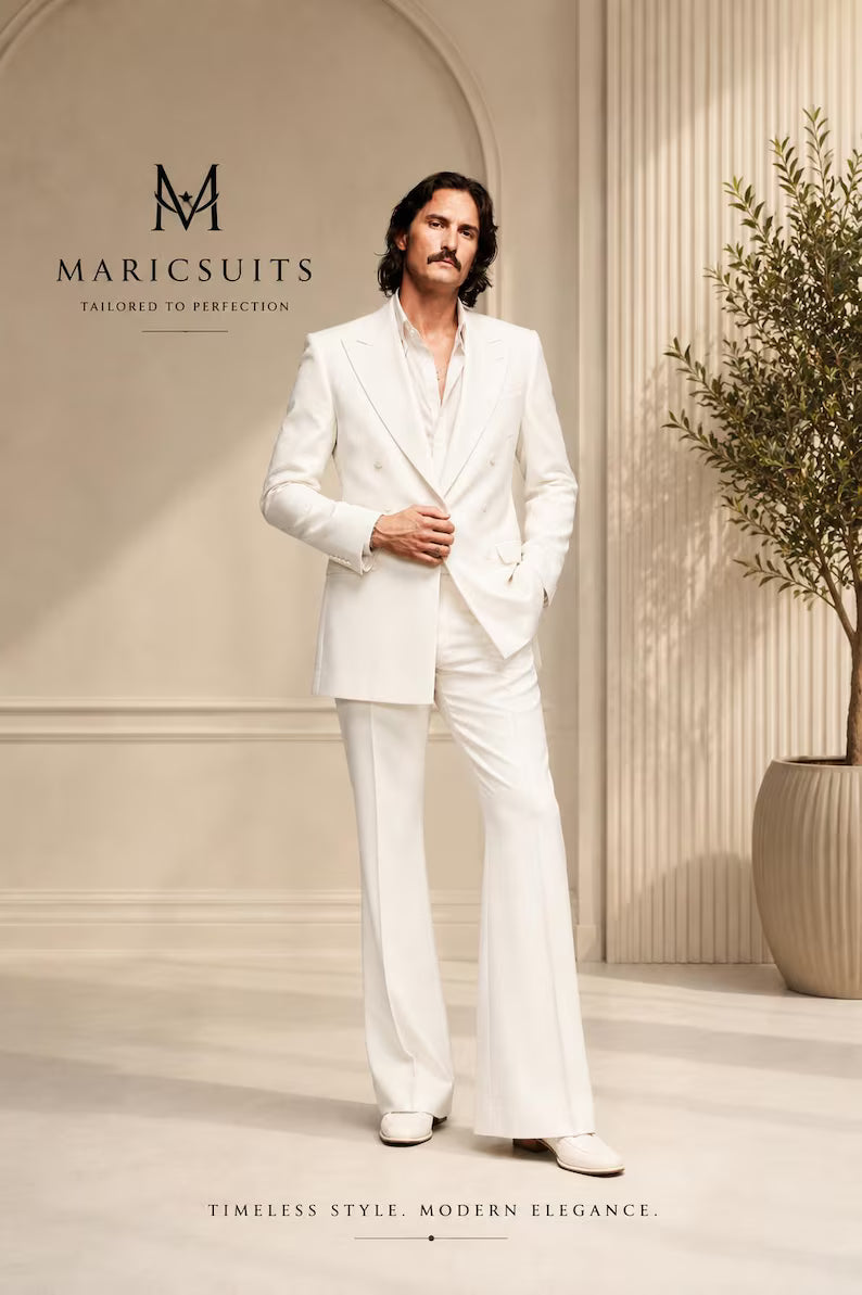 Men’s Off White Double Breasted Suit Wide Leg Pants Vintage Style Formal Suit Maricsuits