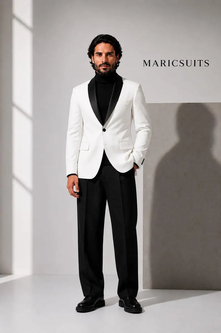 MARICSUITS White Tuxedo Blazer Men | Black Satin Lapel Suit Jacket | Wide Leg Trouser Suit | Retro Inspired Formal Outfit | Custom Tailored