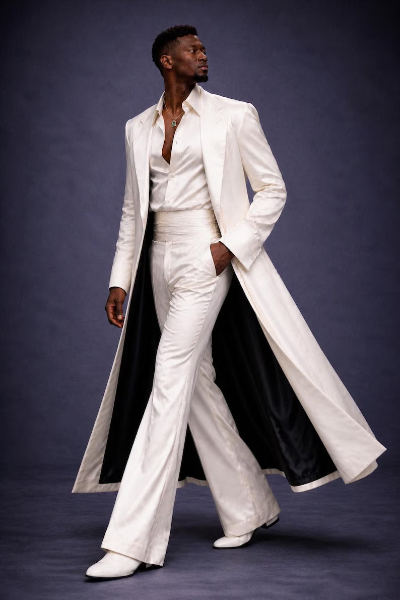 White Satin Groom Suit with Long Coat, Men’s Fashion Tailcoat Tuxedo, Flared Trousers Wedding Set, Red Carpet Inspired Outfit
