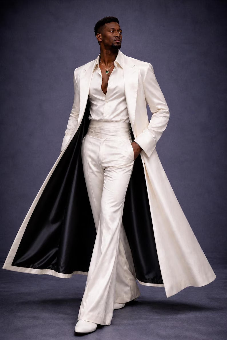 White Satin Groom Suit with Long Coat, Men’s Fashion Tailcoat Tuxedo, Flared Trousers Wedding Set, Red Carpet Inspired Outfit