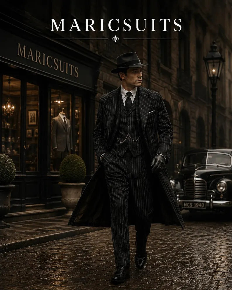 Vintage Black Pinstripe Suit for Men – 1940s Style Three Piece Suit – MARICSUITS Formal Wedding Suit