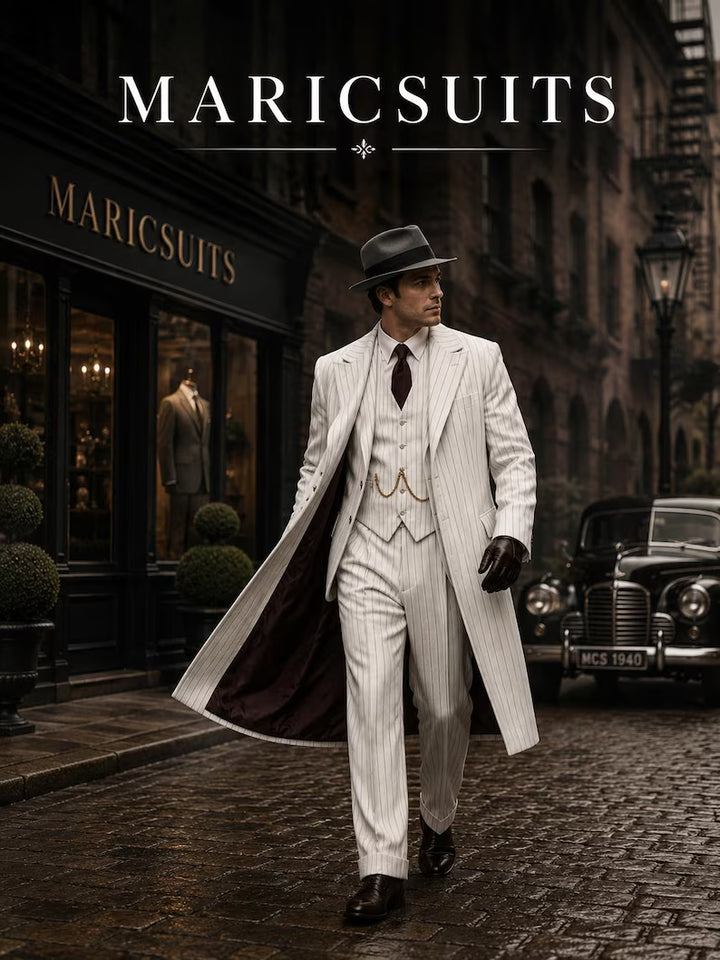 White Pinstripe Three Piece Suit for Men – Vintage 1940s Style Wedding Suit – MARICSUITS