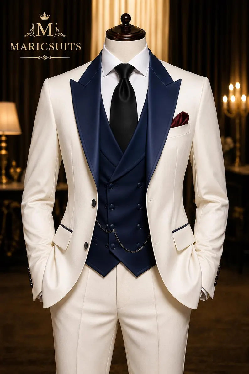 Ivory White Men’s Tuxedo Suit, Navy Blue Satin Lapel Wedding Suit, Double Breasted Vest Groom Tuxedo, Formal 3 Piece Prom Suit