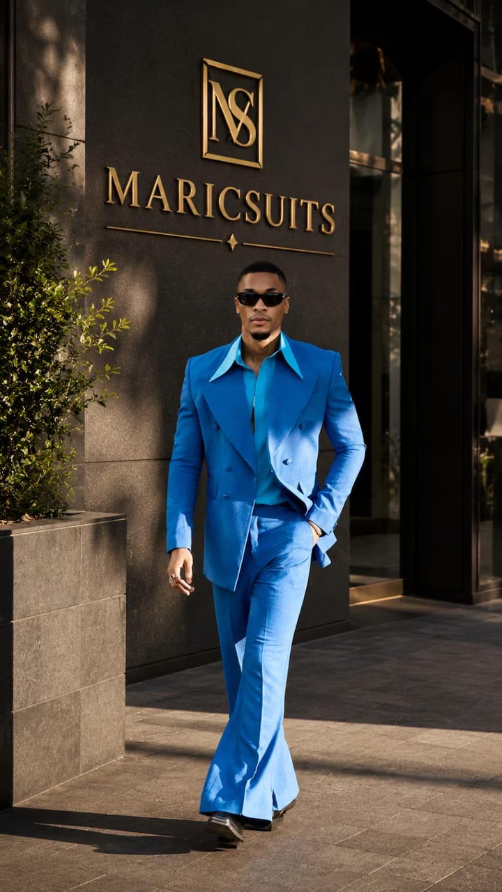 MARICSUITS Men’s Sky Blue Double Breasted Suit | Retro Wide Lapel Wedding Suit | Prom & Party Formal Wear