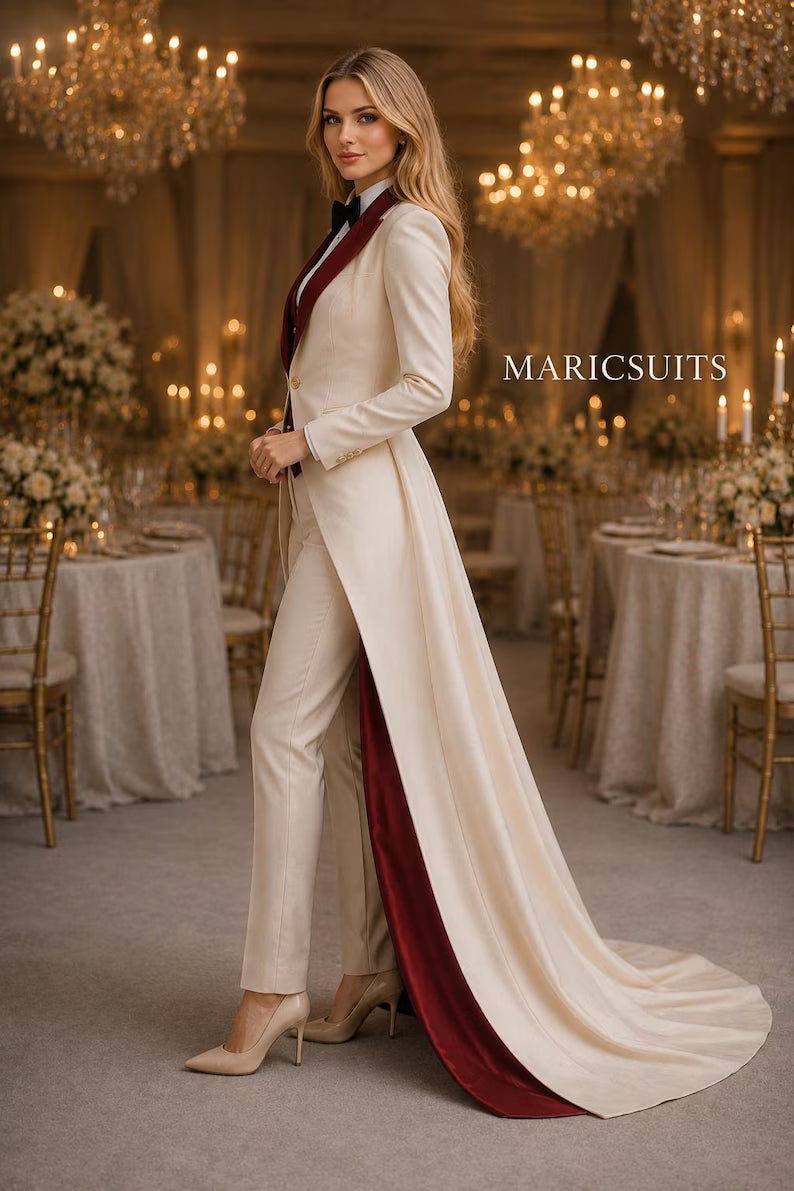 Elegant Ivory Wedding Tuxedo for Women, Long Tailcoat Suit Set, Burgundy Waistcoat Pantsuit, Formal Evening Wear, Custom Tailored Outfit