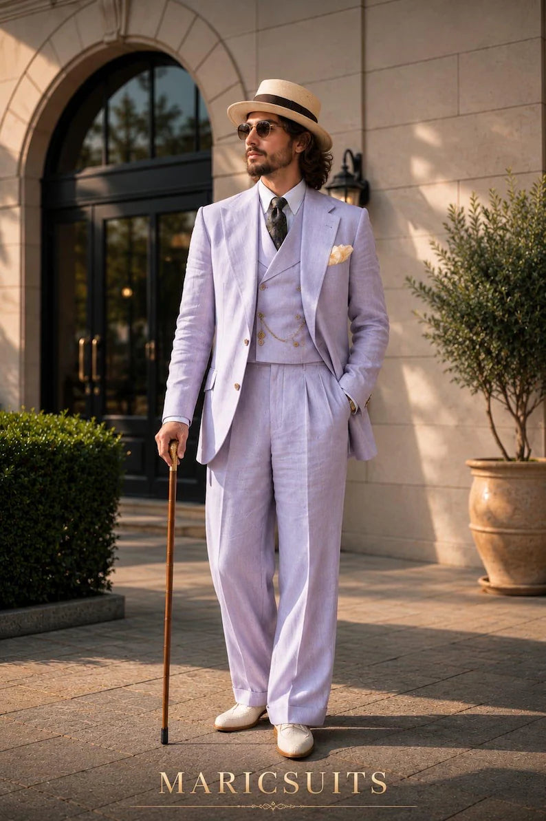 MARICSUITS Lavender Linen Suit for Men, Three Piece Wedding Suit, Vintage Inspired Groom Attire, Custom Tailored Menswear