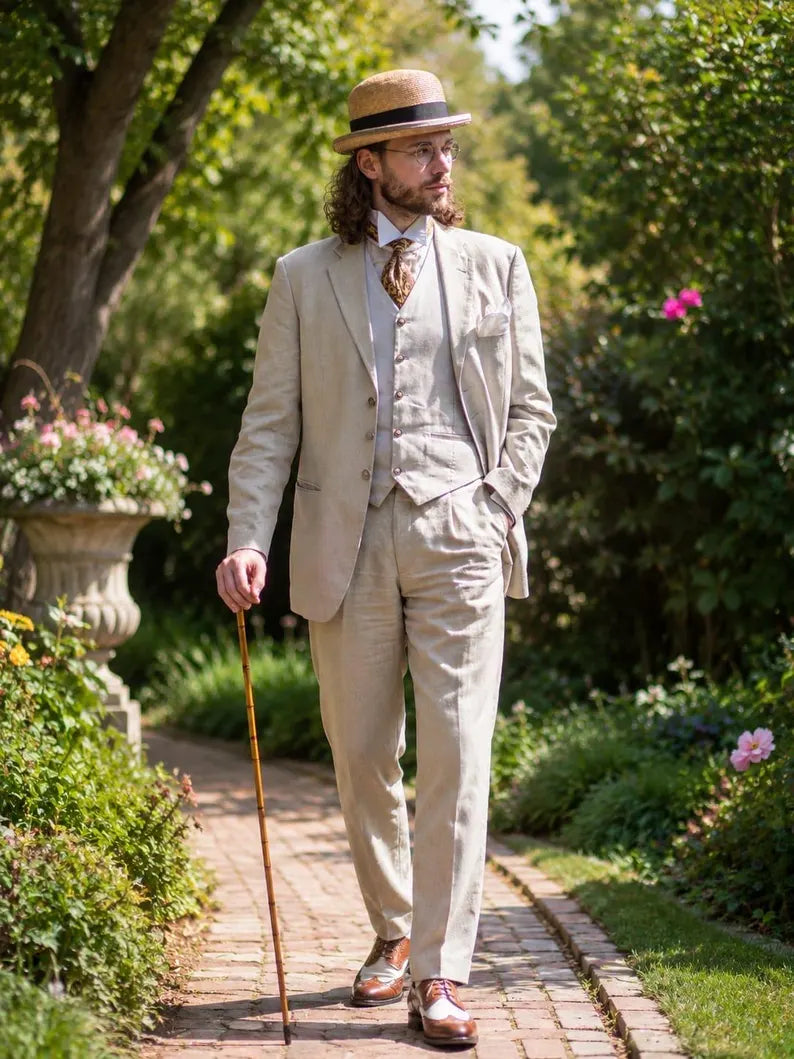 MARICSUITS Pure Linen Three Piece Suit for Men, Beige Wedding Suit, Vintage Groom Attire, Custom Tailored Menswear
