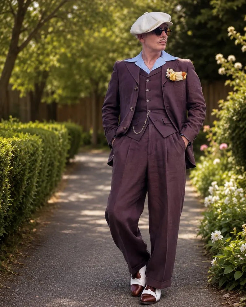 MARICSUITS Vintage Three Piece Suit for Men, Burgundy Linen Wedding Suit, Custom Tailored Groom Attire