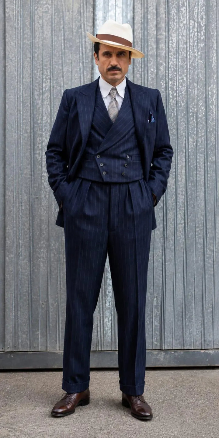 1920s Gangster Style Navy Blue Suit, Men's Pinstripe Three Piece Suit, Handmade Bespoke Wedding Attire, Luxury Formal Wear