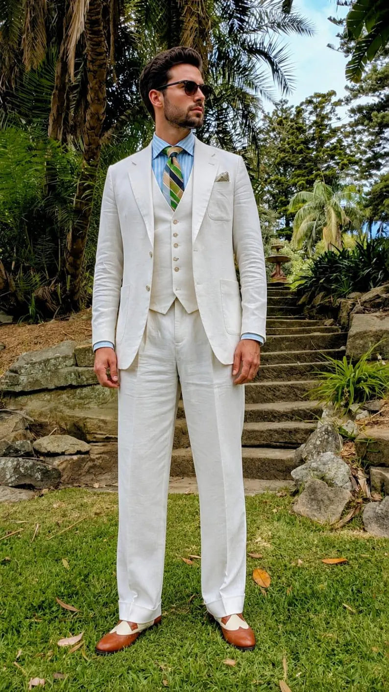 Men's Luxury White Linen Suit, 3 Piece Wedding Suit, Elegant Summer Formal Wear, Linen Blazer Vest Pants Set
