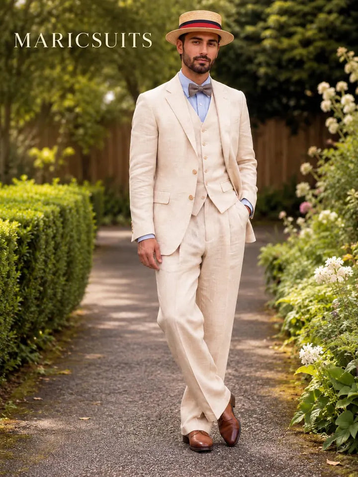 Cream Linen Wedding Suit for Men, Vintage Inspired 3 Piece Suit, Tailored Groom Tuxedo, Elegant Summer Formal Attire