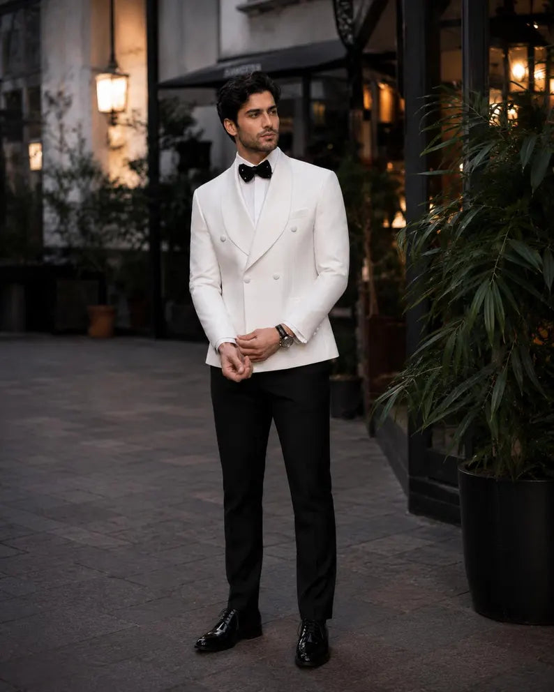 White Wedding Tuxedo for Men, Double Breasted Formal Suit Jacket & black trouser Groom Attire, Elegant Evening Wear, Bespoke Tailoring