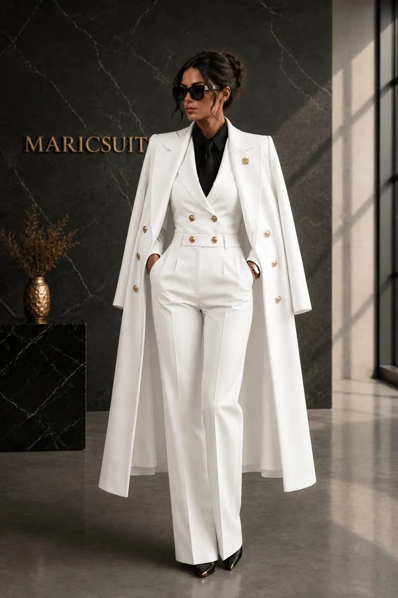 White Women’s Pantsuit with Cape Blazer | Elegant Bridal Suit Set | MARICSUITS Power Suit