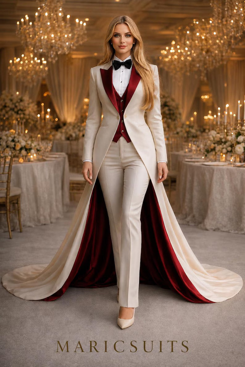 Elegant Ivory Wedding Tuxedo for Women, Long Tailcoat Suit Set, Burgundy Waistcoat Pantsuit, Formal Evening Wear, Custom Tailored Outfit