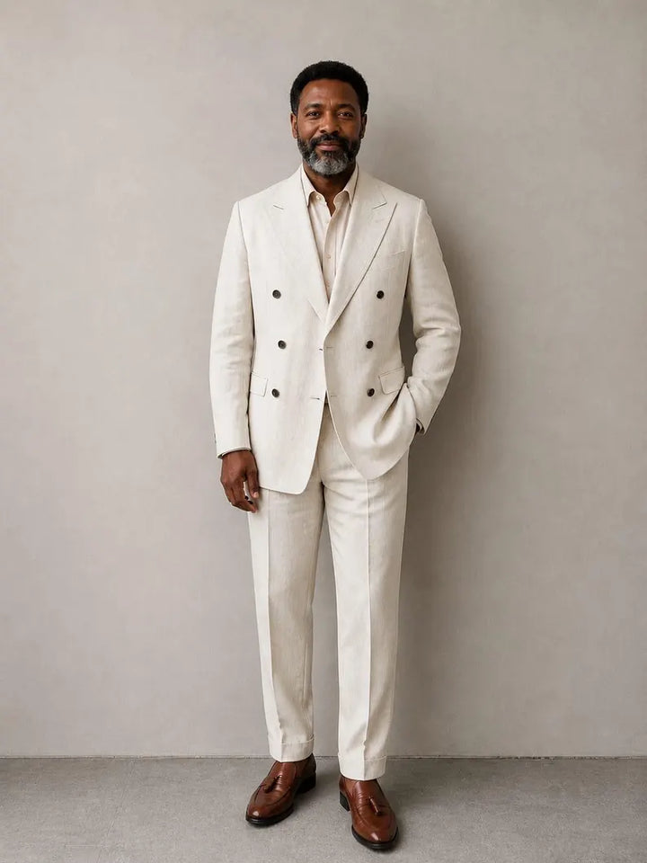 MARICSUITS Ivory Linen Double Breasted Suit for Men, Custom Wedding Suit, Luxury Groom Attire, Bespoke Formal Wear