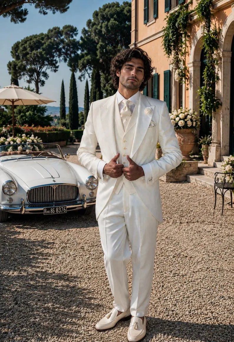 Pure Linen White Suit for Men, 3 Piece Linen Wedding Suit, Groom Outfit, Beach Wedding Attire Custom Made Groom Tuxedo