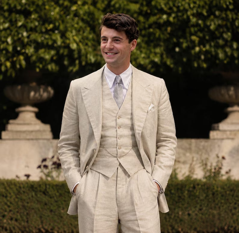 MARICSUITS Pure Linen Three Piece Suit for Men, Beige Wedding Suit, Custom Tailored Groom Attire, Luxury Menswear