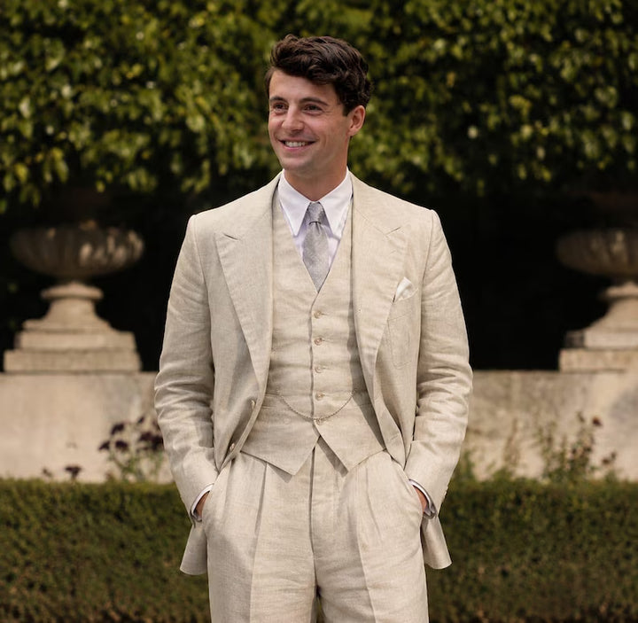 MARICSUITS Pure Linen Three Piece Suit for Men, Beige Wedding Suit, Custom Tailored Groom Attire, Luxury Menswear