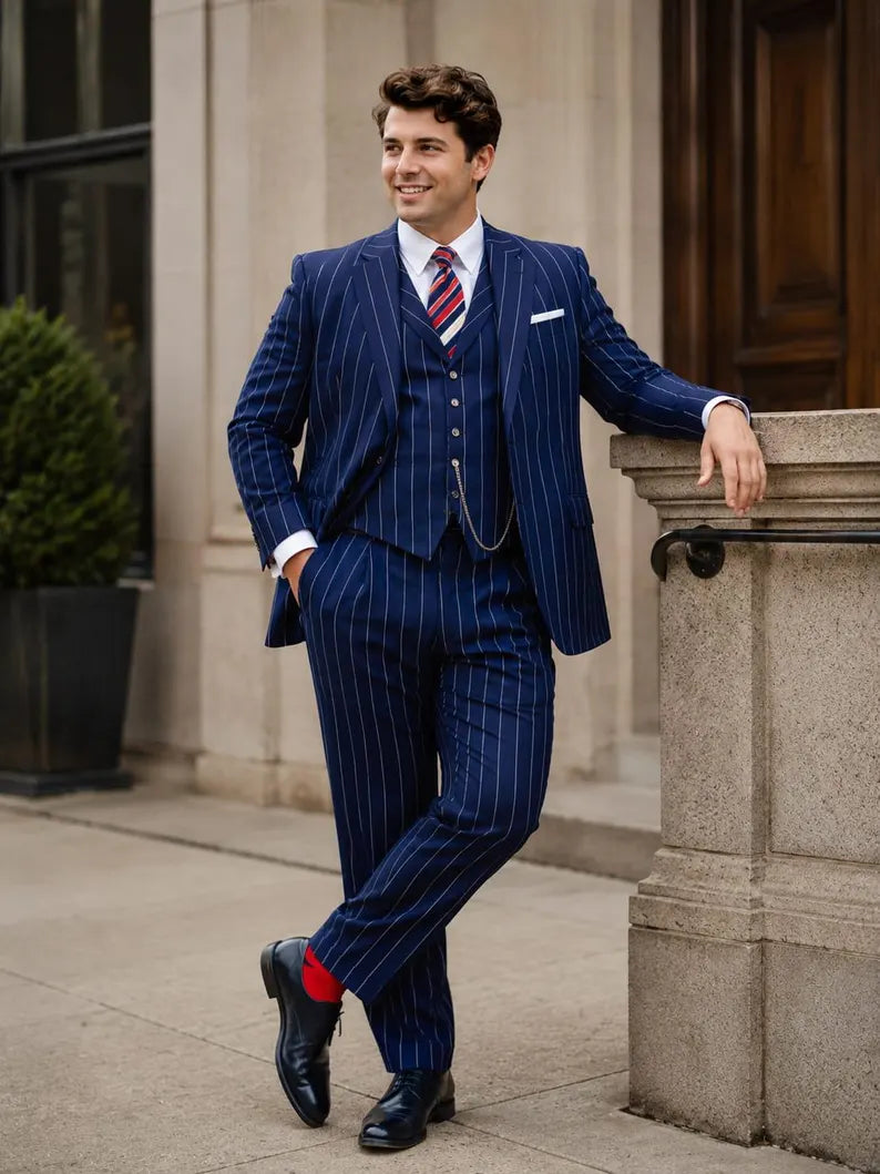 Classic Blue Stripe Suit for Men, Formal Wedding Suit, Bespoke Business Suit, Stylish Groom Outfit, Tailored Menswear
