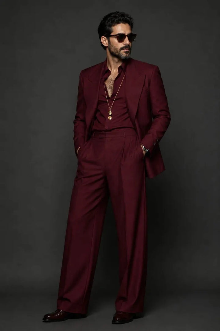 Burgundy Men’s 2 Piece Suit, Wine Red Wedding Suit, Vintage Wide Leg Suit, Retro Groom Outfit, Luxury Formal Menswear