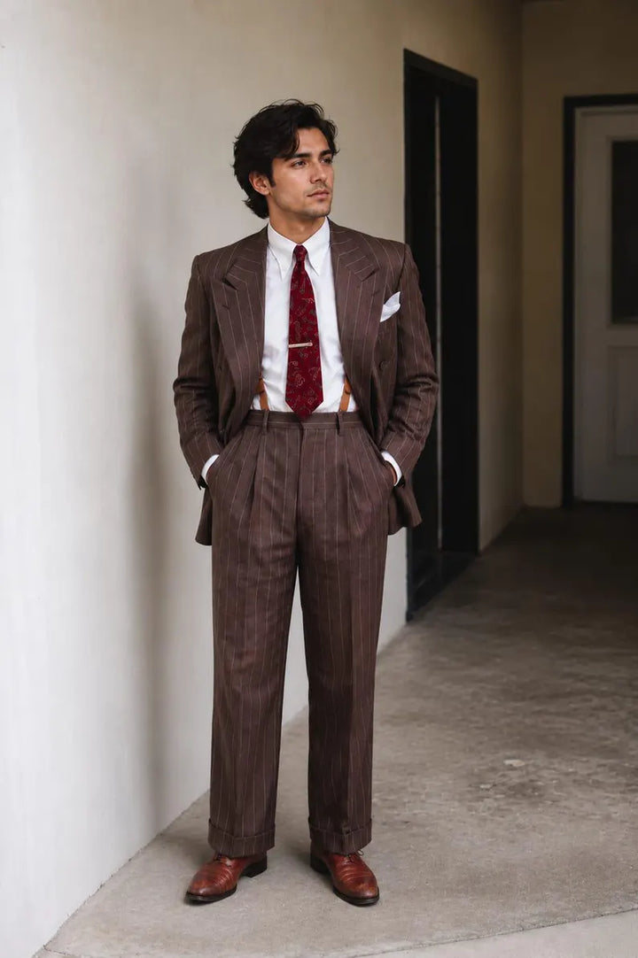 1920s Brown Pinstripe Suit for Men, Gatsby Inspired Vintage Formal Wear, Retro Gangster Wedding Suit, Old Money Style Outfit
