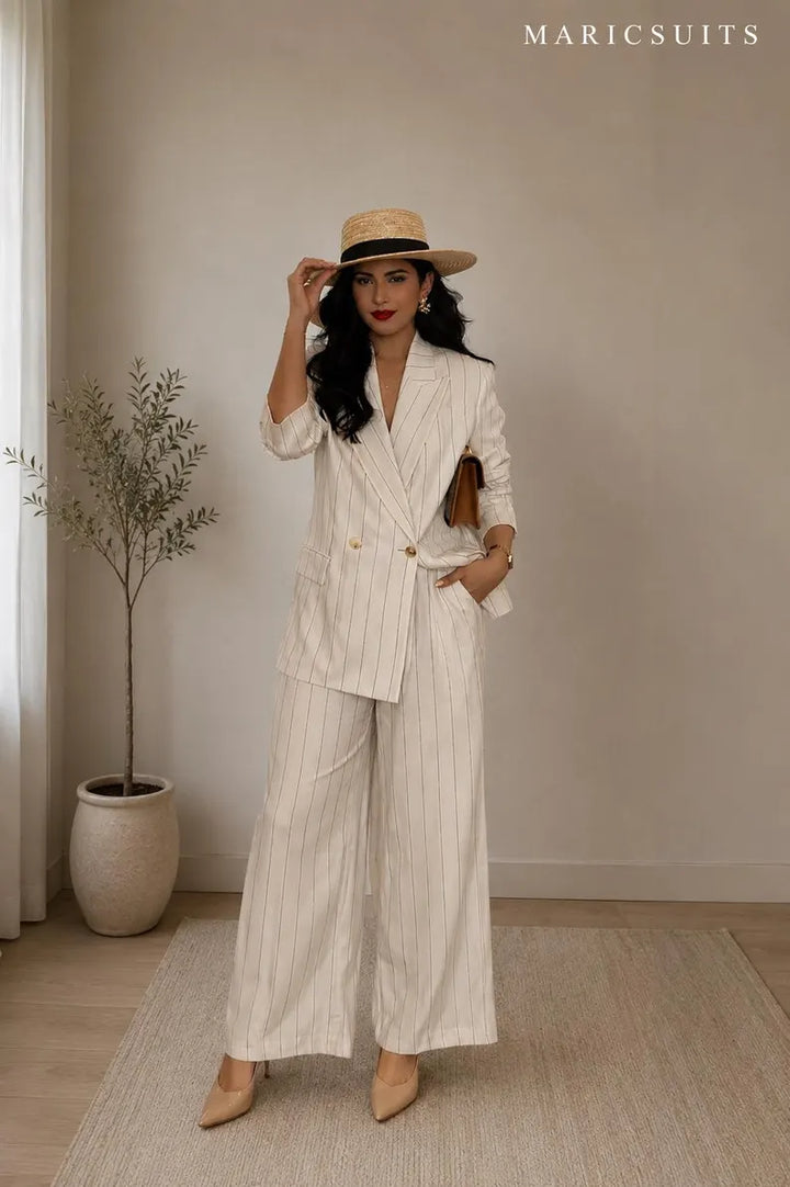 Cream Pinstripe Women Suit Set, Wide Leg Pantsuit, Double Breasted Blazer MARICSUITS