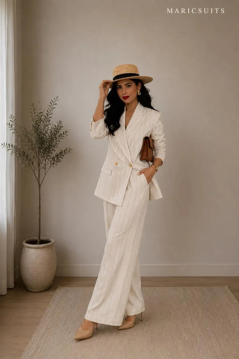 Cream Pinstripe Women Suit Set, Wide Leg Pantsuit, Double Breasted Blazer MARICSUITS