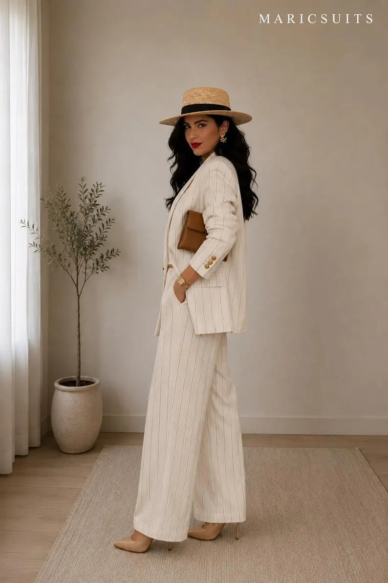 Cream Pinstripe Women Suit Set, Wide Leg Pantsuit, Double Breasted Blazer MARICSUITS