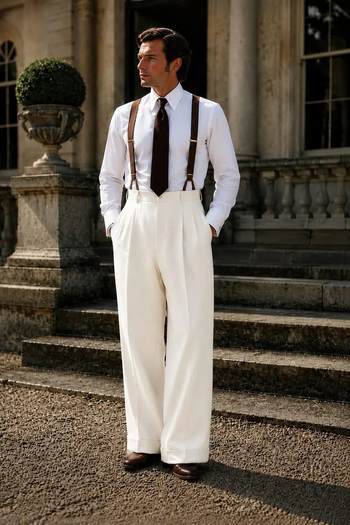 Old Money White Wide Leg Pants for Men, Vintage High Rise Pleated Trousers, Elegant Formal Wedding Pants, Custom Tailored