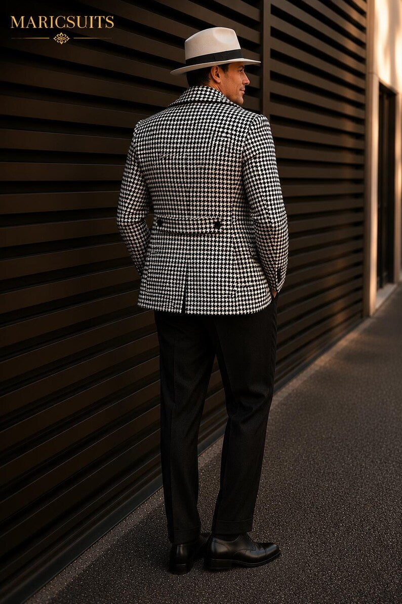 Black White Houndstooth Jacket & Black Pants Set, Custom Made Men's Suit, Wedding Party Outfit, Handmade Blazer by Maricsuits