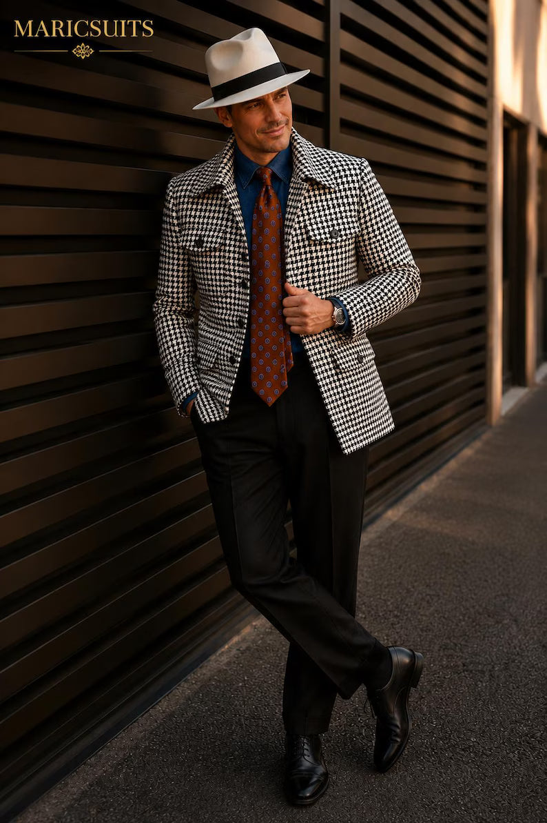Black White Houndstooth Jacket & Black Pants Set, Custom Made Men's Suit, Wedding Party Outfit, Handmade Blazer by Maricsuits