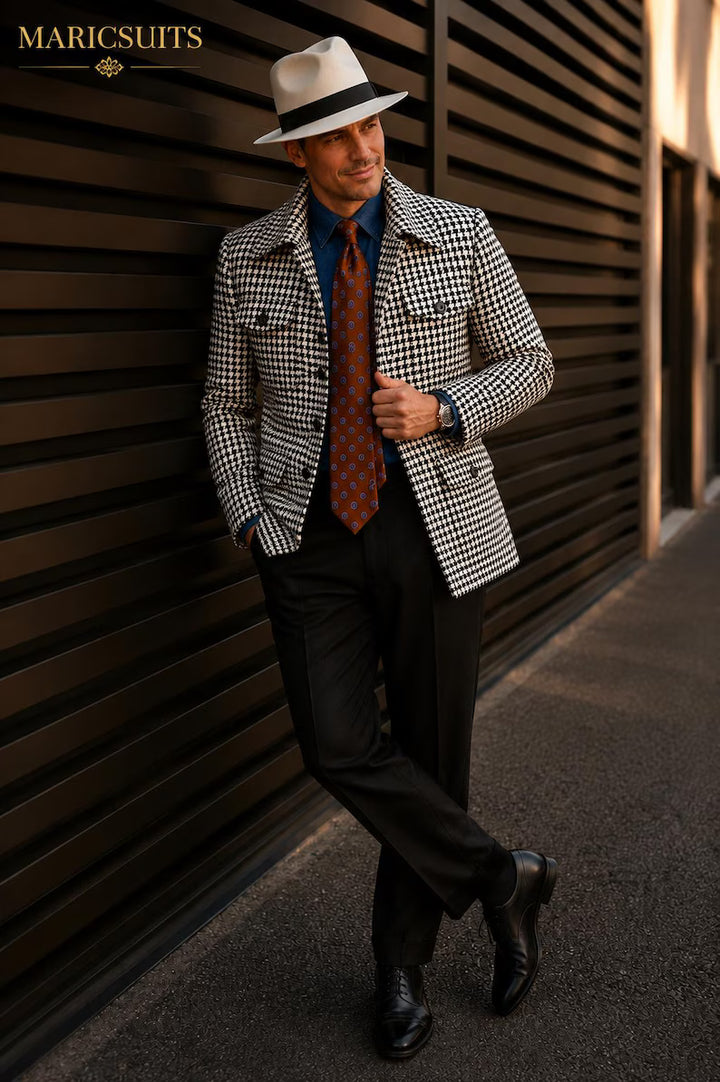 Black White Houndstooth Jacket & Black Pants Set, Custom Made Men's Suit, Wedding Party Outfit, Handmade Blazer by Maricsuits