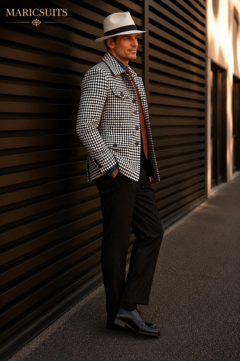 Black White Houndstooth Jacket & Black Pants Set, Custom Made Men's Suit, Wedding Party Outfit, Handmade Blazer by Maricsuits