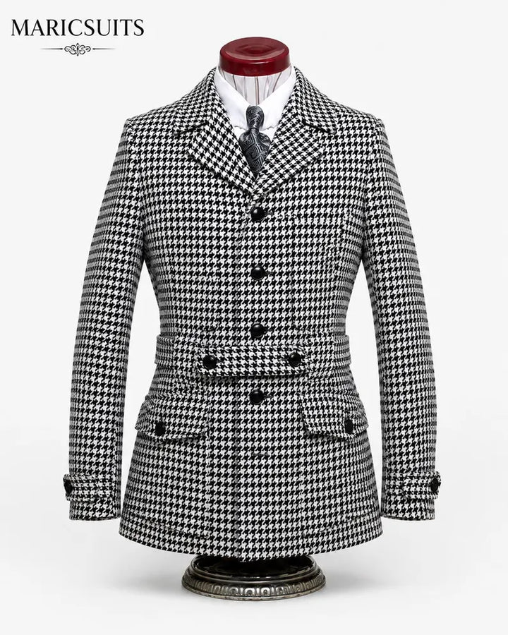 Black White Houndstooth Safari Jacket Men, Belted Military Jacket, Vintage Hunting Coat, Custom Tailored Blazer, MARICSUITS