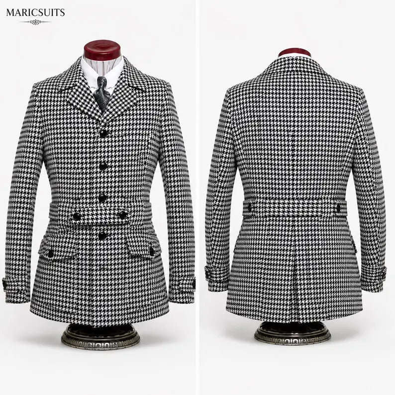 Black White Houndstooth Safari Jacket Men, Belted Military Jacket, Vintage Hunting Coat, Custom Tailored Blazer, MARICSUITS