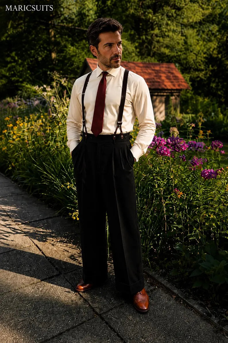 Black High Waist 100% Pure Linen Trousers for Men | Wide Leg Pleated Pants | Vintage 1940s Style | Custom Tailored | MARICSUITS